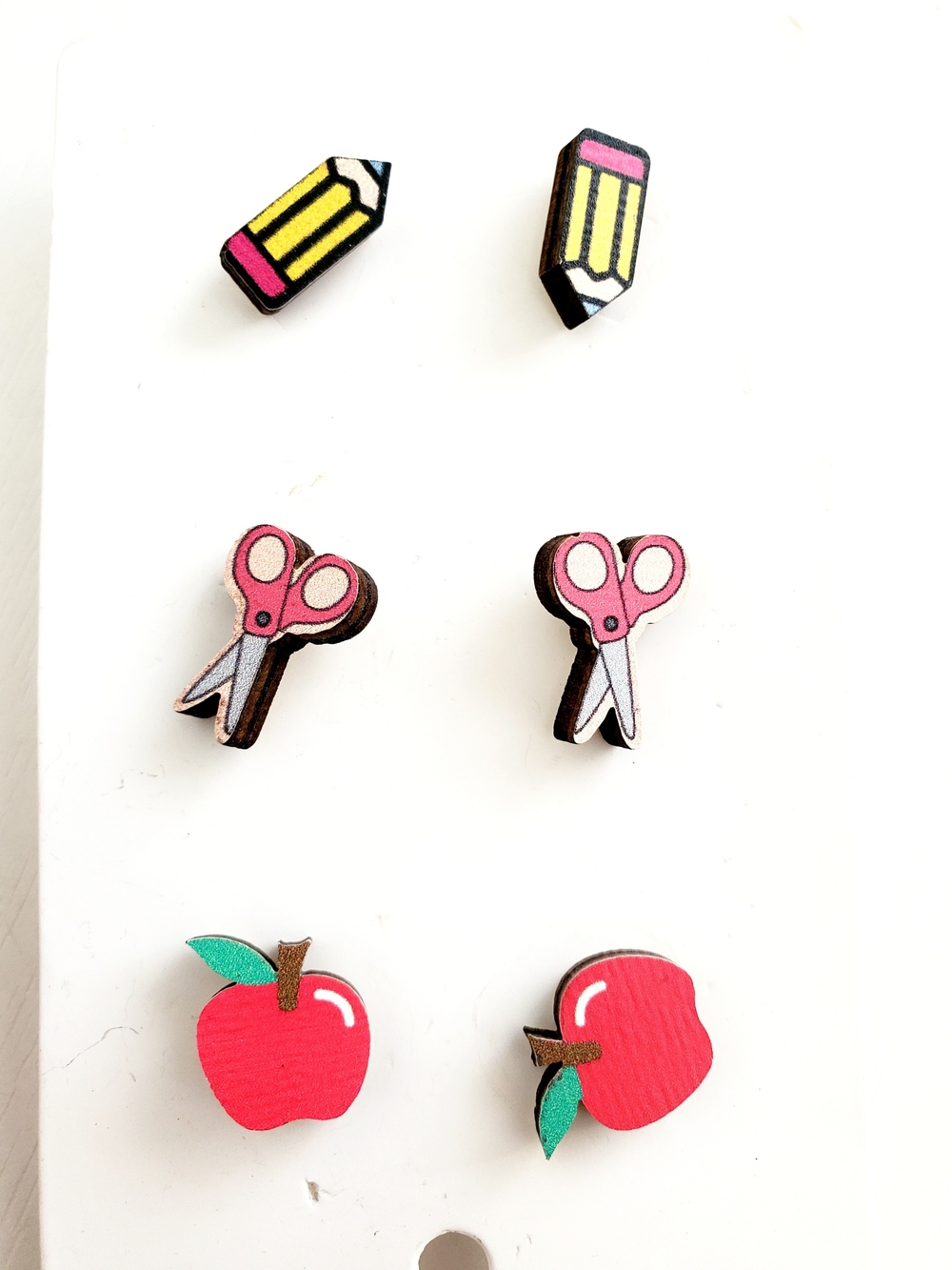 Kids Wooden Pencil, Scissors & Apple Stud Earrings - Pink, Yellow, Red
